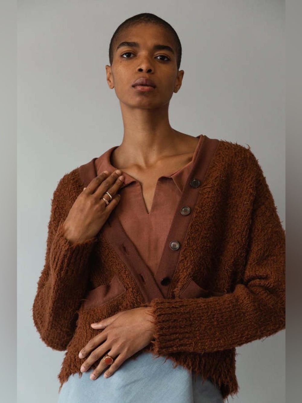 Caron Callahan Anny Cardigan Tobacco Merino Wool Textured Shaggy Knit Tonal Trim